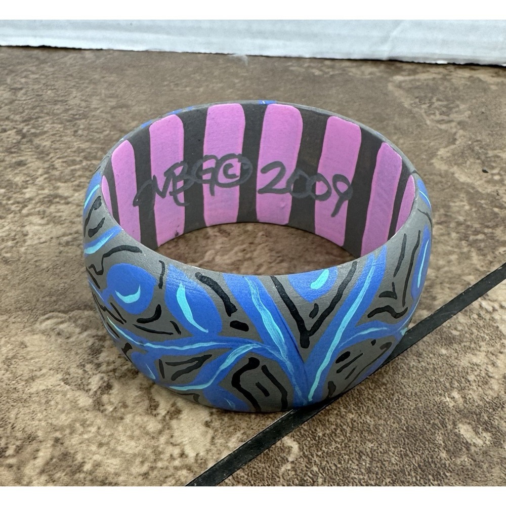 Vintage Wooden Bangle Bracelet Painted Floral Wide Chunky Y2K